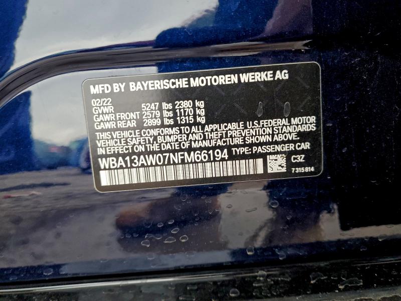 BMW M440XI GRA 2022 VIN WBA13AW07NFM66194