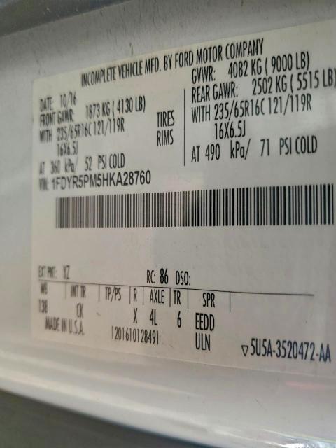 FORD TRANSIT 2017 VIN 1FDYR5PM5HKA28760