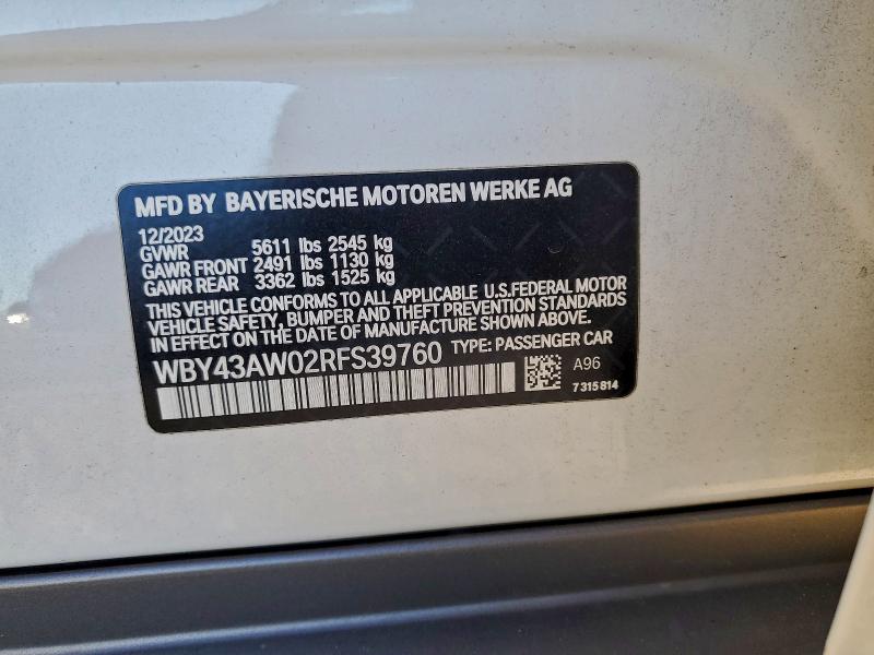 BMW I4 EDRIVE 2024 VIN WBY43AW02RFS39760