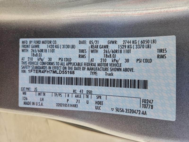 FORD RANGER 2021 VIN 1FTER4FH7MLD55168