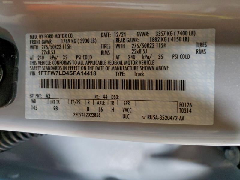 FORD F150 PLATI 2025 VIN 1FTFW7LD4SFA14418