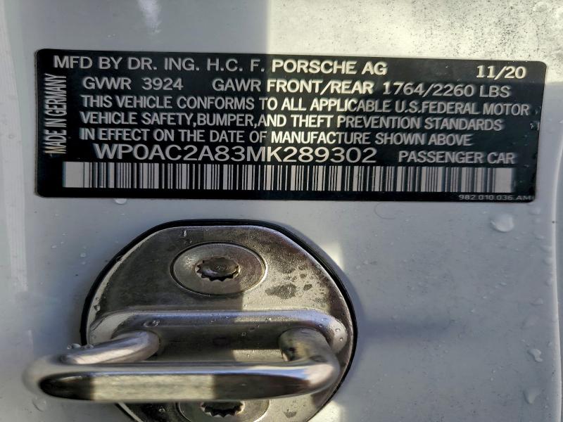 PORSCHE CAYMAN 2021 VIN WP0AC2A83MK289302