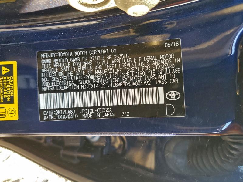 TOYOTA MIRAI 2018 VIN JTDBVRBD8JA004792