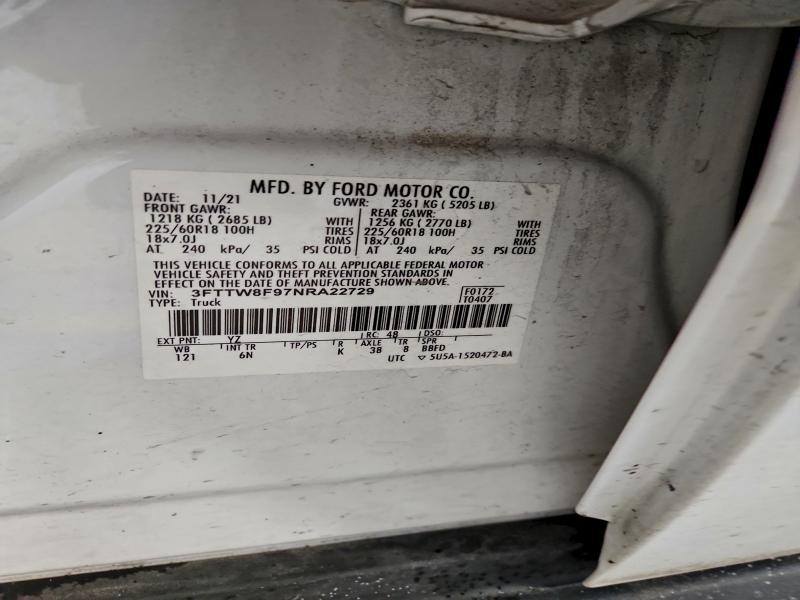 FORD MAVERICK 2022 VIN 3FTTW8F97NRA22729