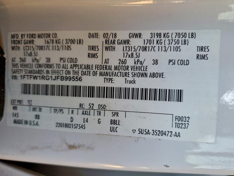 FORD F150 2018 VIN 1FTFW1RG1JFB99556