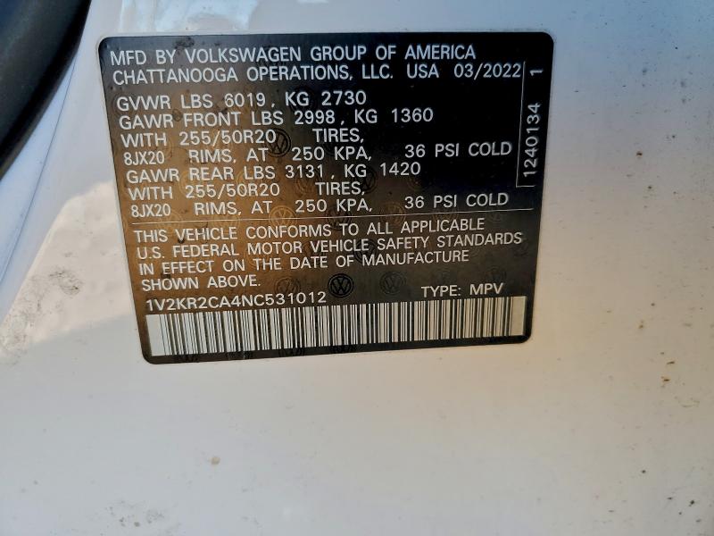 VOLKSWAGEN ATLAS 2022 VIN 1V2KR2CA4NC531012