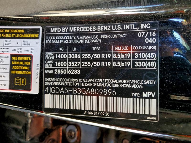 MERCEDES-BENZ GLE-CLASS 2016 VIN 4JGDA5HB3GA809896