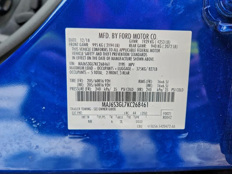 FORD ECOSPORT 2019 VIN MAJ6S3GL7KC268461