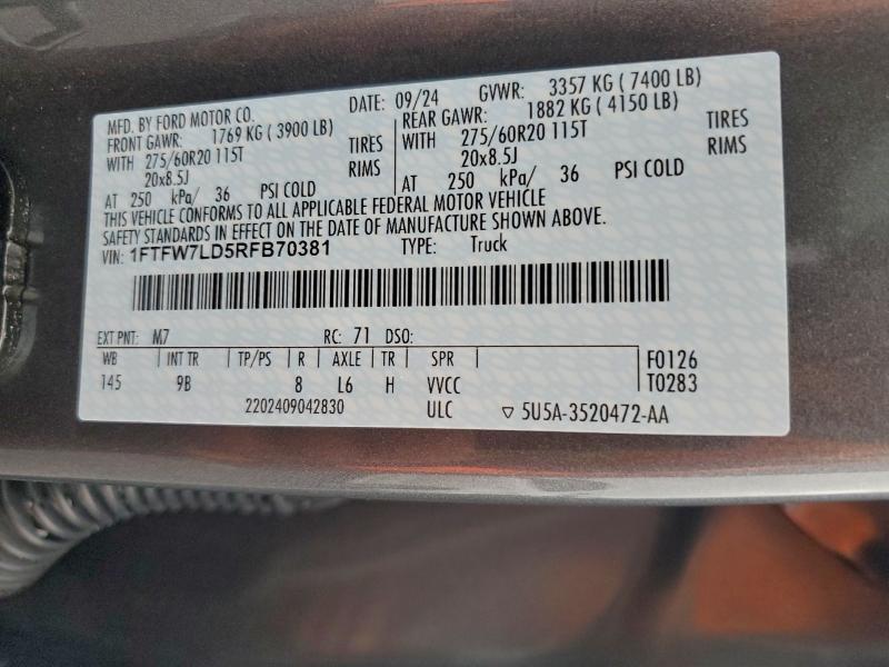 FORD F150 PLATI 2024 VIN 1FTFW7LD5RFB70381