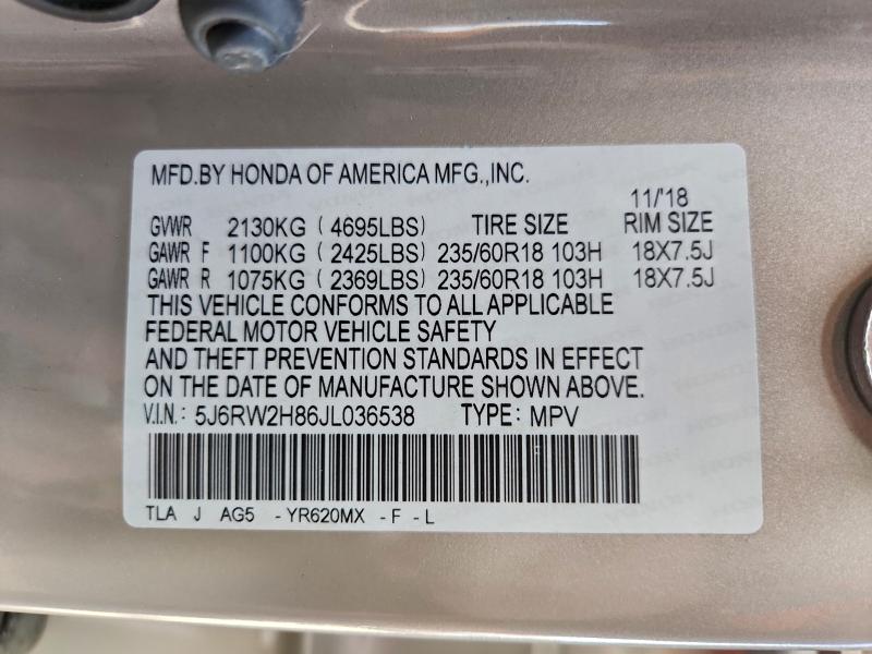 HONDA CRV 2018 VIN 5J6RW2H86JL036538