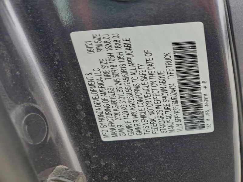 HONDA RIDGELINE 2021 VIN 5FPYK3F76MB024434