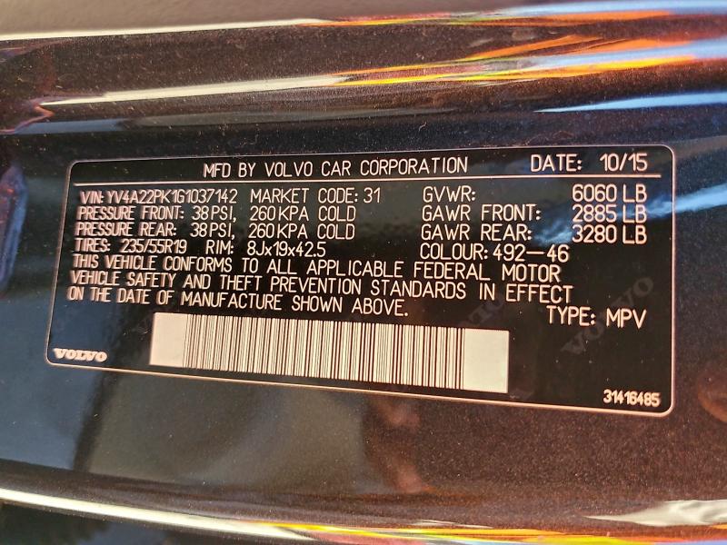 VOLVO XC90 2016 VIN YV4A22PK1G1037142