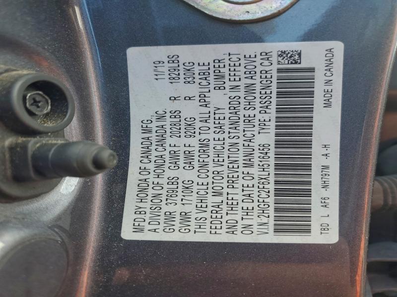 HONDA CIVIC 2020 VIN 2HGFC2F6XLH516456