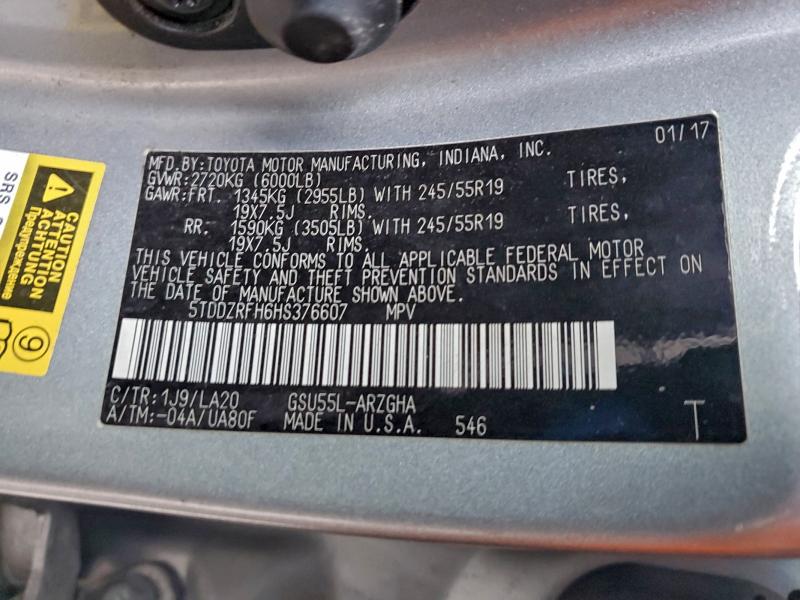 TOYOTA HIGHLANDER 2017 VIN 5TDDZRFH6HS376607