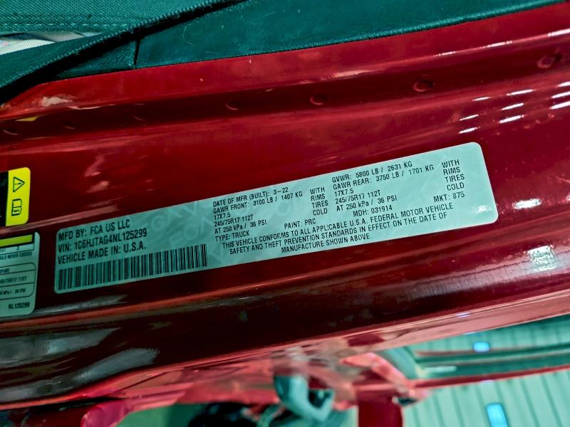 JEEP GLADIATOR 2022 VIN 1C6HJTAG4NL125299