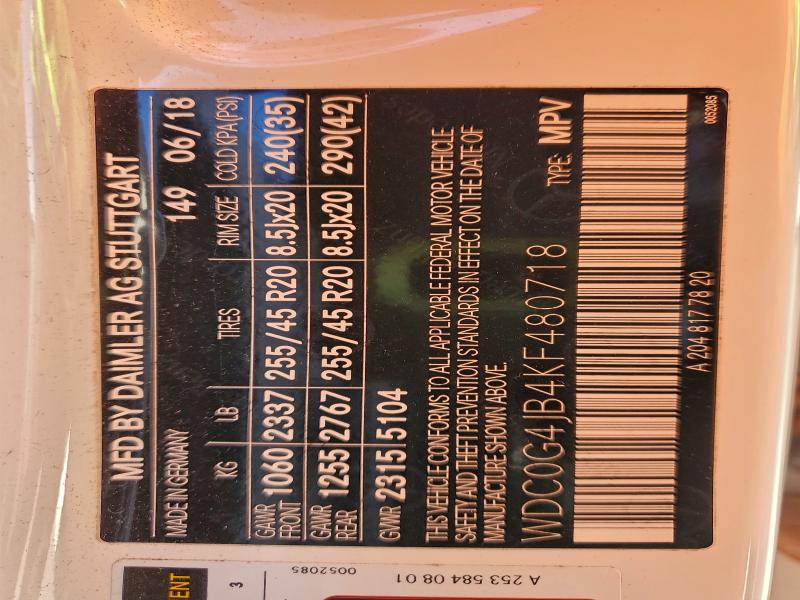 MERCEDES-BENZ GLC-CLASS 2019 VIN WDC0G4JB4KF480718