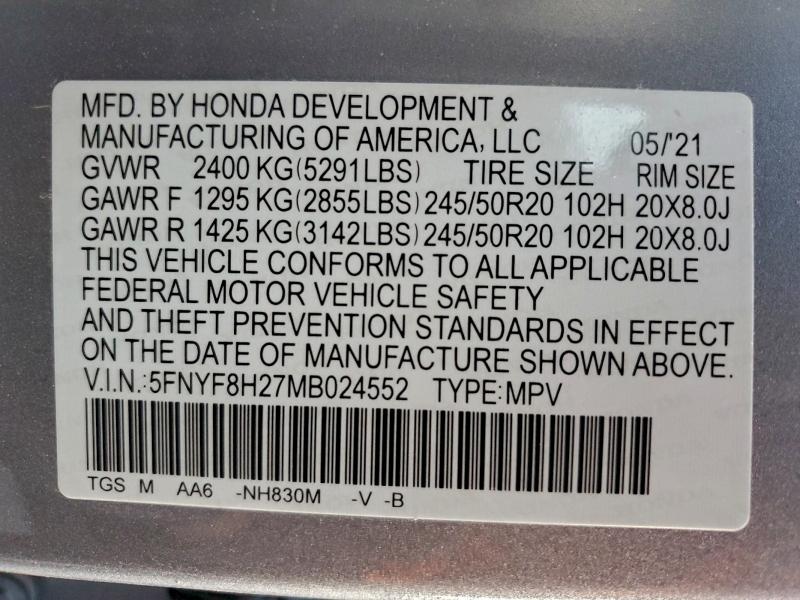 HONDA PASSPORT 2021 VIN 5FNYF8H27MB024552