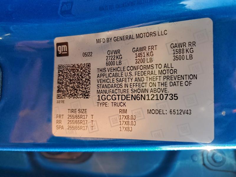 CHEVROLET COLORADO 2022 VIN 1GCGTDEN6N1210735