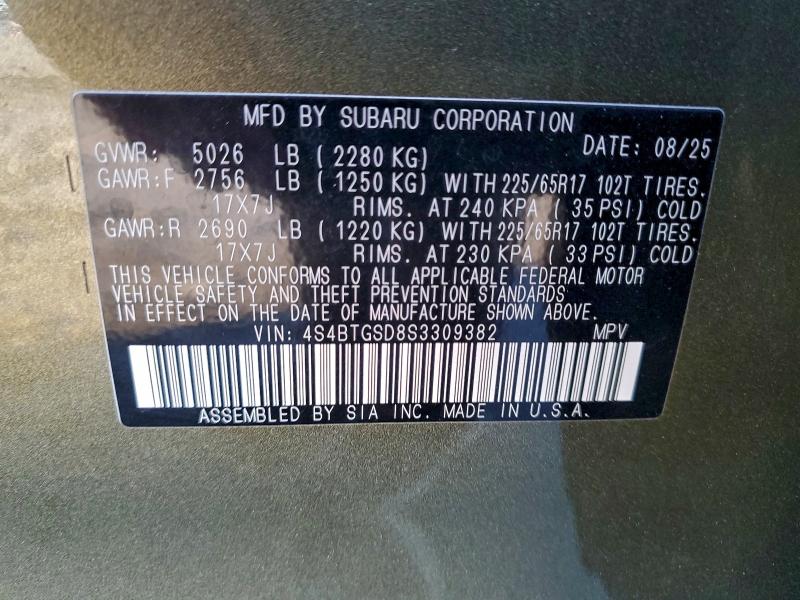 SUBARU OUTBACK WI 2025 VIN 4S4BTGSD8S3309382