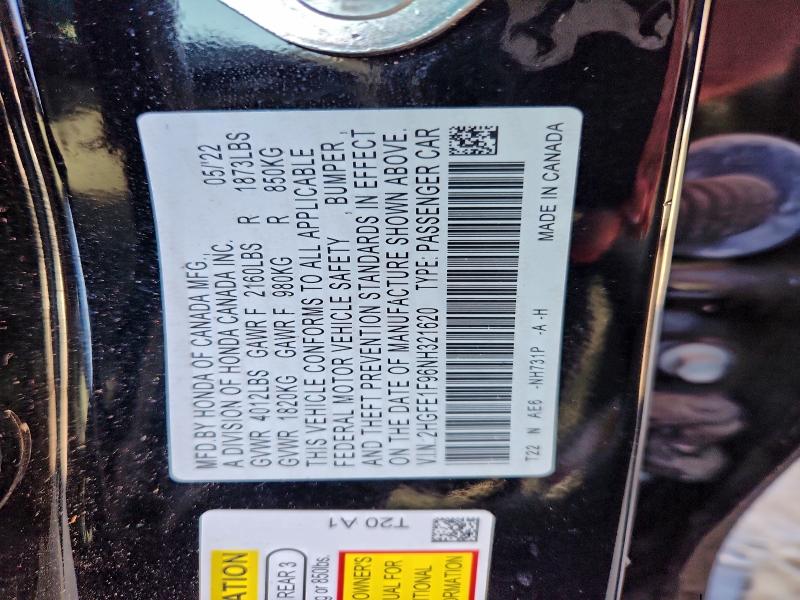 HONDA CIVIC 2022 VIN 2HGFE1F96NH321620