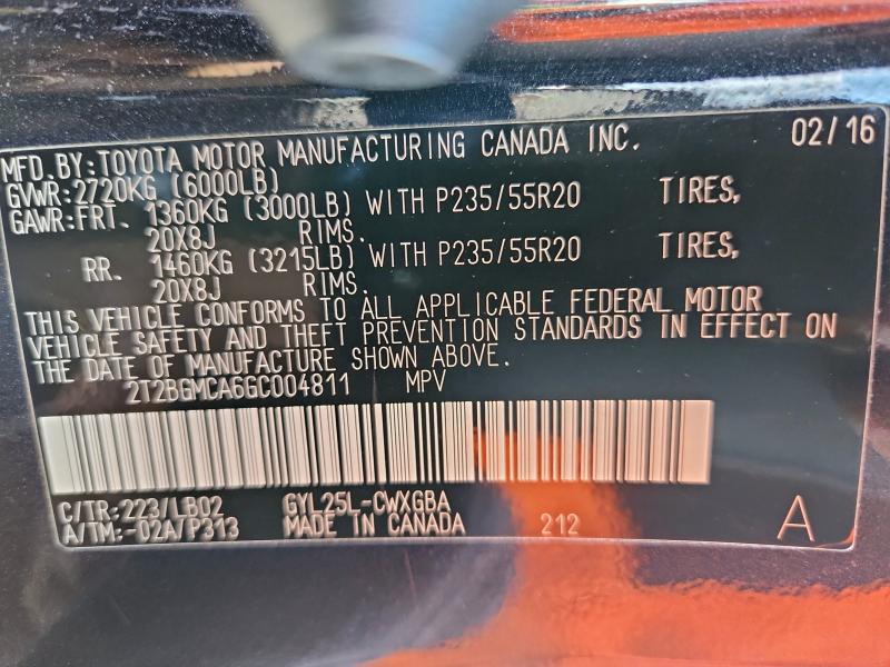 LEXUS RX450 2016 VIN 2T2BGMCA6GC004811