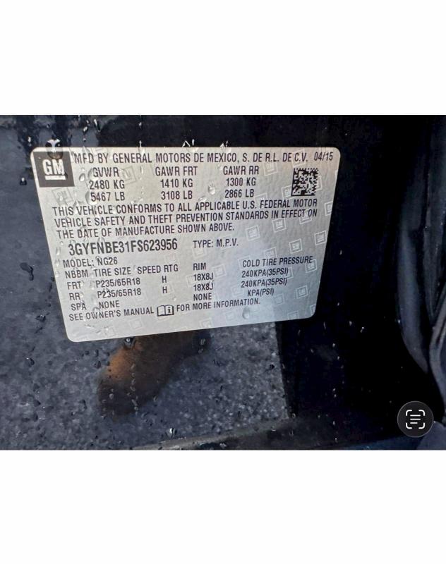 CADILLAC SRX 2015 VIN 3GYFNBE31FS623956