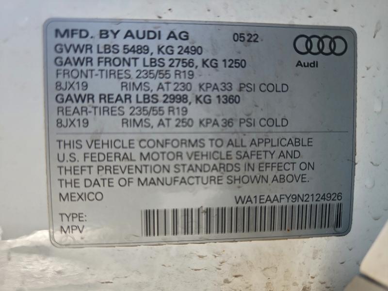 AUDI Q5 2022 VIN WA1EAAFY9N2124926