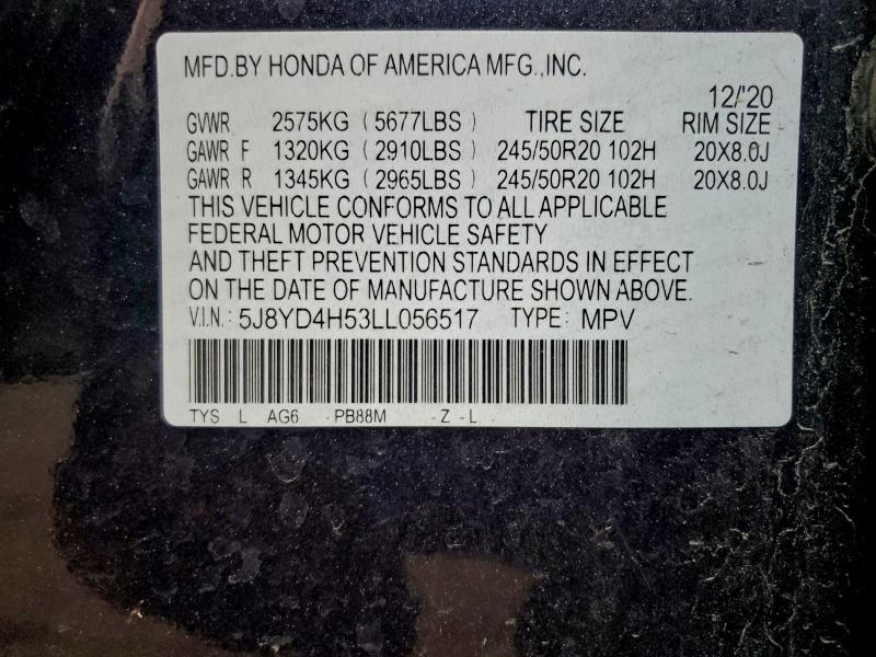 ACURA MDX 2020 VIN 5J8YD4H53LL056517