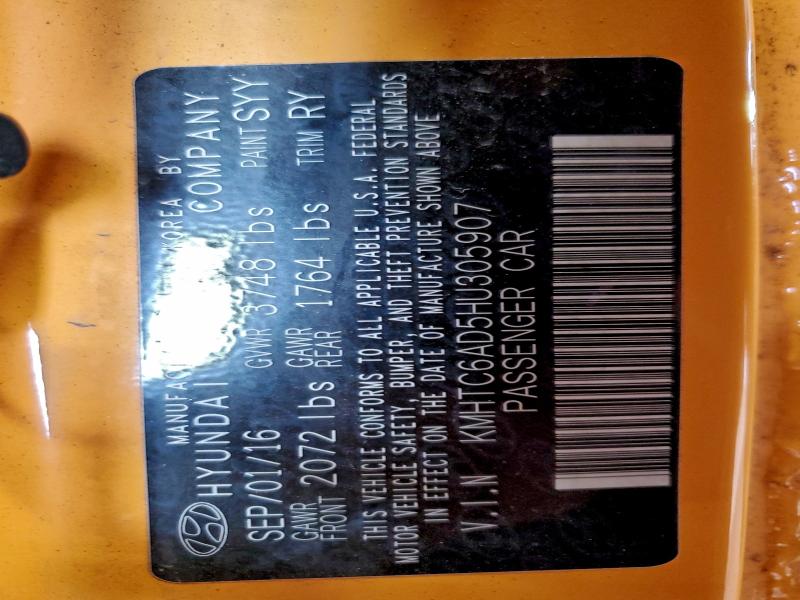 HYUNDAI VELOSTER 2017 VIN KMHTC6AD5HU305907