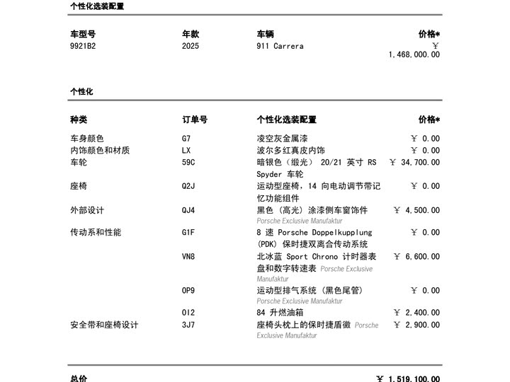 Porsche 911 2025 2025款 Carrera 3.0T